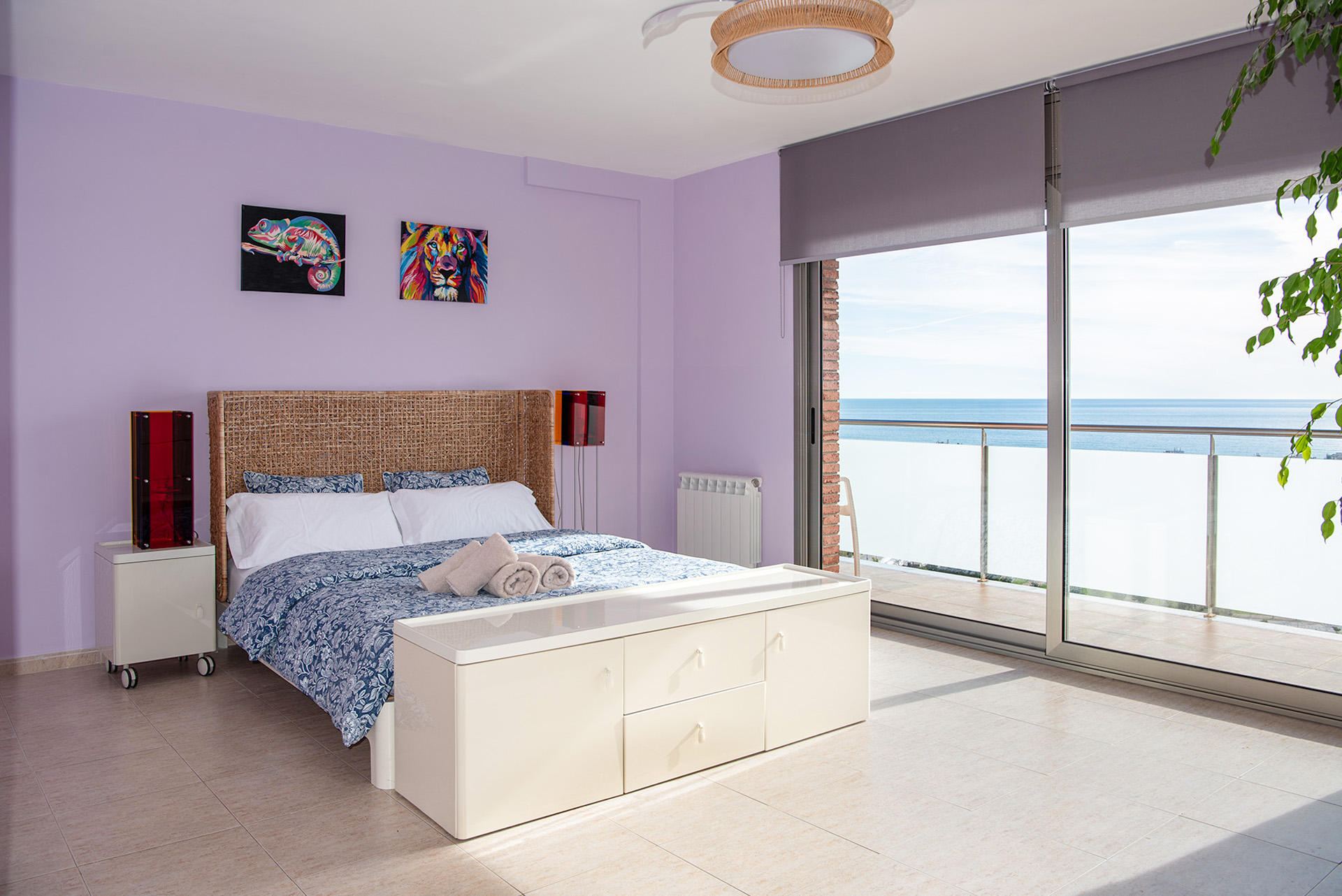 Master bedroom interior with panoramic windows — Villa MiraMar on the Catalunia