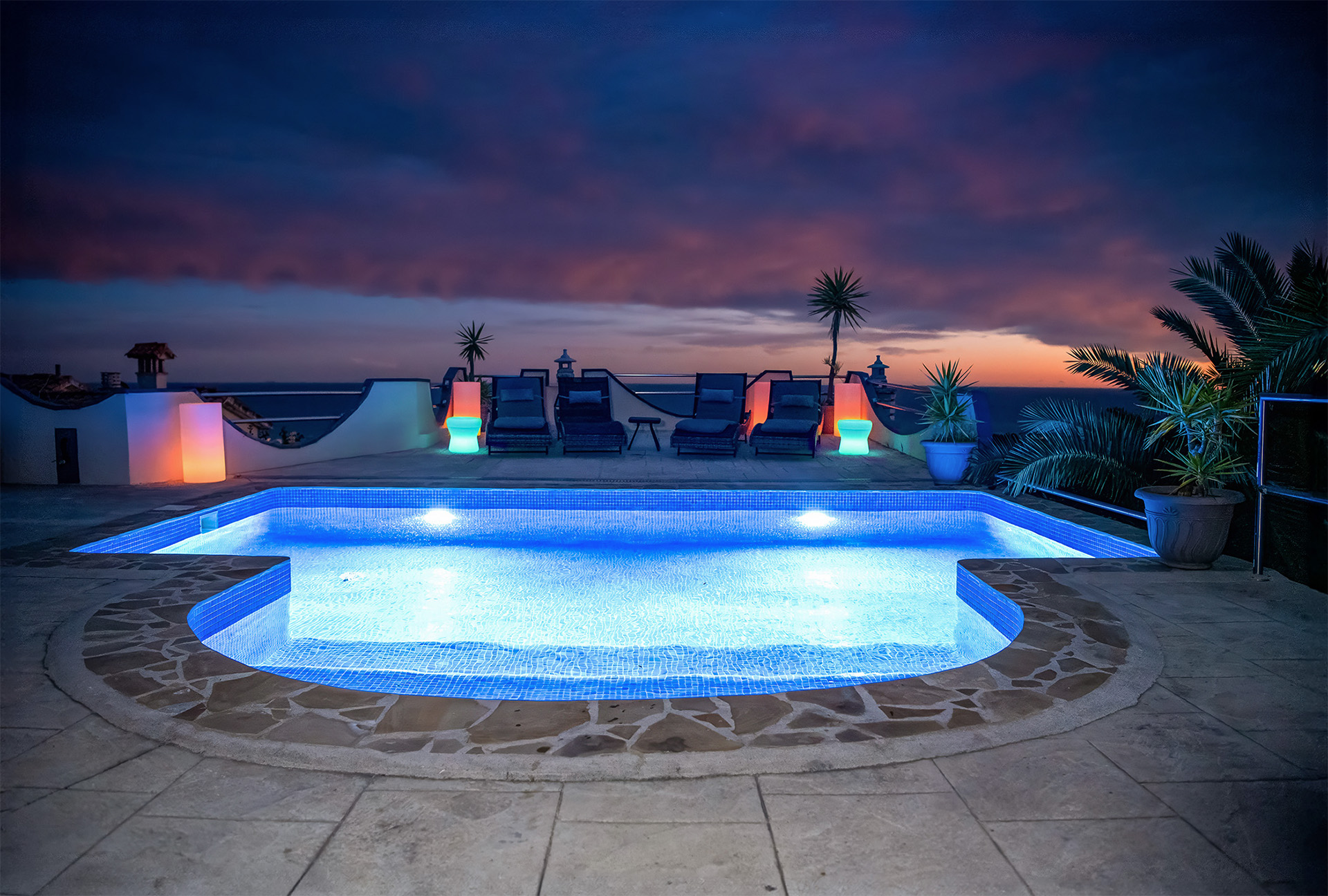 Villa Serenity rooftop salt pool night view